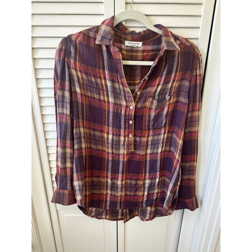 Beachlunchlounge Purple Plaid Button Front High Low Hem Shirt Medium